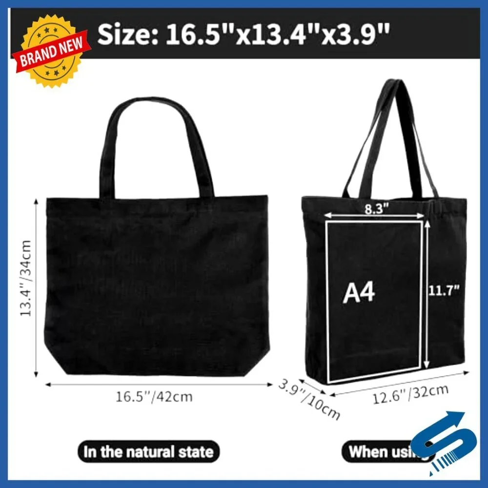 Heavy Duty Canvas Tote Bags Zippered Reusable Grocery Shopping Plain DIY Crafts